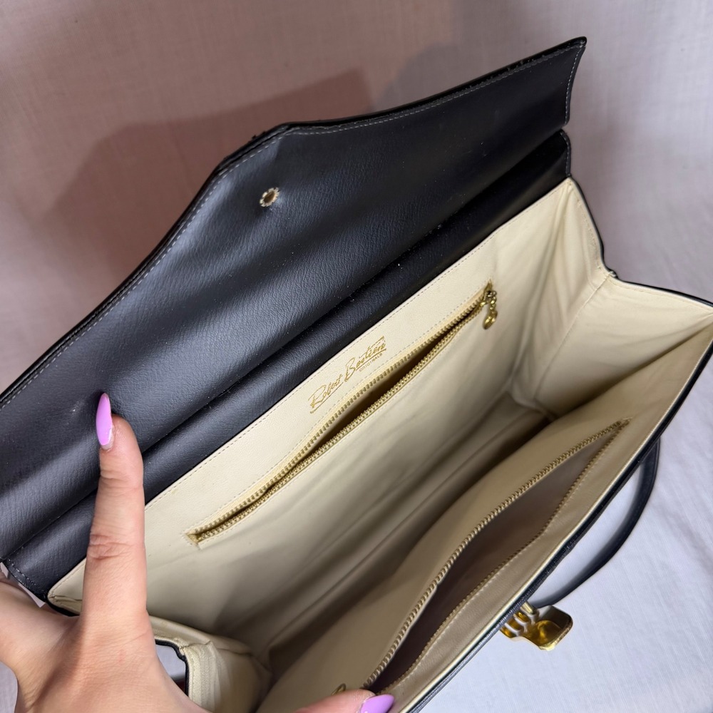 Vintage Black Leather Frame Handbag Gold Hardware Top Handle Shoulder Bag - Picture 12 of 12